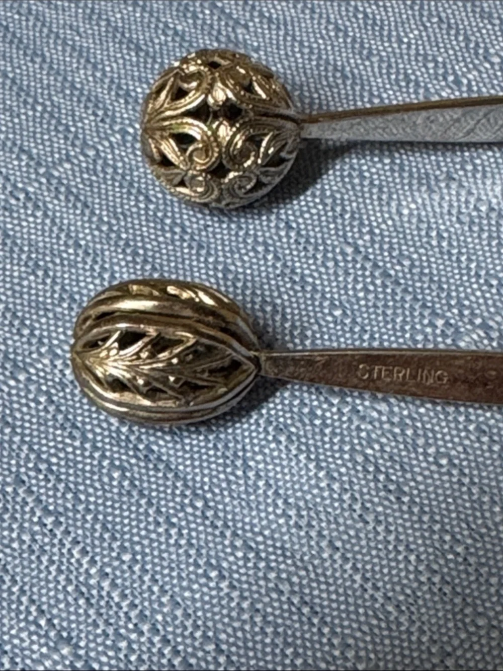 Sterling silver cocktail picks ornate tops 1940s or 1950s 2 5/8” long, set of 2